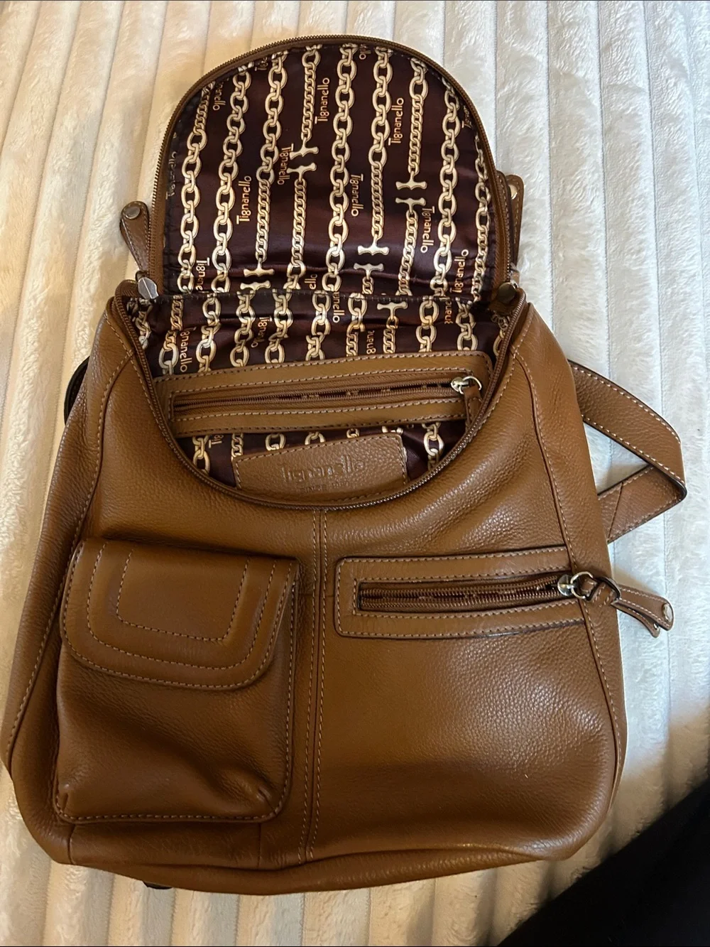 Tignanello Tan/brownPebbled Leather Backpack with Chain-Print Lining